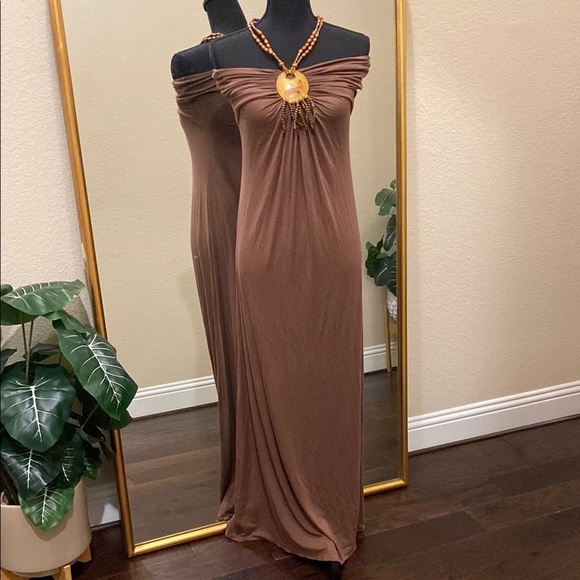 Sky Embellished Ruched Brown Off-Shoulder Halter Gown Size L - Picture 3 of 7